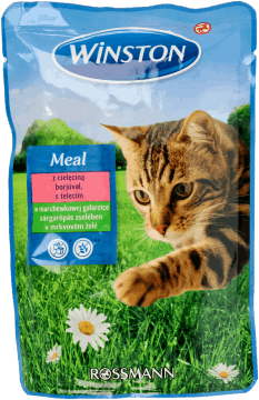 WINSTON,karma pełnoporcjowa mokra dla dorosłych kotów z cielęciną w galaretce marchewkowej,przód