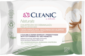 CLEANIC,chusteczki do demakijażu do cery wrażliwej, skłonnej do alergii,przód