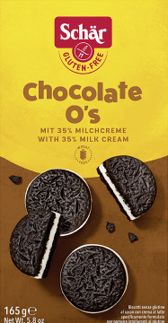 SCHÄR,herbatniki kakaowe z mlecznym nadzieniem, bezglutenowe,przód