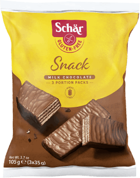 SCHÄR,wafel z orzechami laskowymi, polewany czekoladą, bezglutenowy,przód