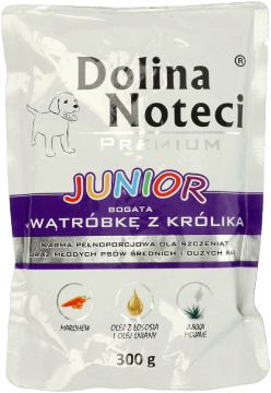 DOLINA NOTECI,karma pełnoporcjowa mokra dla szczeniąt i młodych psów pełnoporcjowa, dla szczeniąt oraz młodych psów średnich i dużych ras, Bogata w Wątróbkę z Królika,przód