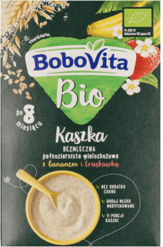 BOBOVITA,kaszka bezmleczna pełnoziarnista wielozbożowa z bananem i truskawką, po 8. m-cu,przód