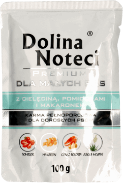 DOLINA NOTECI,karma pełnoporcjowa mokra dla dorosłych psów z cielęciną, pomidorami i makaronem,przód