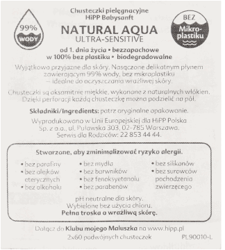 HIPP,biodegradowalne chusteczki Natural Aqua 99%,  od 1. dnia życia,tył