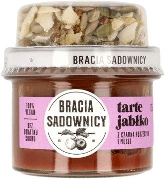 BRACIA SADOWNICY,mus z jabłek i czarnej porzeczki oraz musli,przód