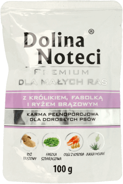 DOLINA NOTECI,karma pełnoporcjowa mokra dla dorosłych psów z królikiem, fasolką i ryżem brązowym,przód