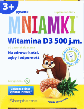 MNIAMKI,pastylki do ssania 500 j.m, o smaku ananasowym, 3+, suplement diety,przód