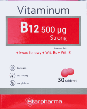 STARPHARMA,suplement diety, witamina B12 strong + kwas foliowy, wit. B6, wit. E,przód