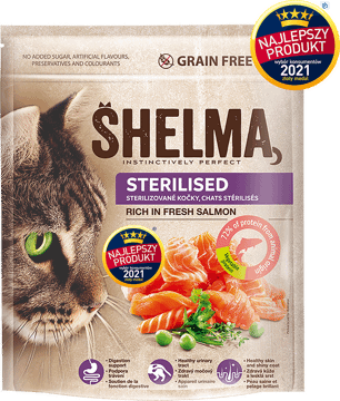 SHELMA,karma pełnoporcjowa, sucha dla dorosłych kotów po sterylizacji z łososiem,przód