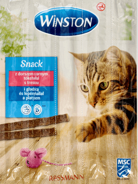WINSTON,karma uzupełniająca dla dorosłych kotów Delikatne kiełbaski z dorszem czarnym i gładzicą,przód