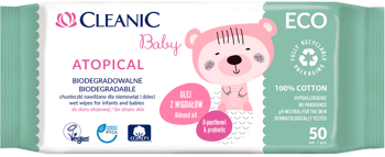 CLEANIC,biodegradowalne chusteczki nawilżane dla niemowląt i dzieci, Atopical,przód