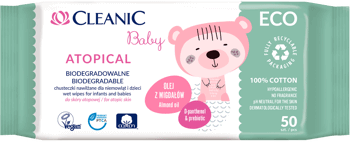 CLEANIC,chusteczki nawilżane dla niemowląt i dzieci, Atopical,przód