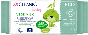 CLEANIC,chusteczki nawilżane dla niemowląt i dzieci, biodegradowalne,  Vege Milk,przód