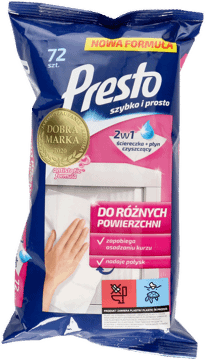 PRESTO,ścierki nawilżane do różnych powierzchni, z antystatyczną formułą,przód