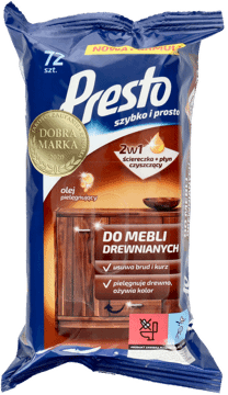 PRESTO,ścierki nawilżane do mebli drewnianych, z olejem pielęgnującym,przód
