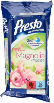 PRESTO,uniwersalne ściereczki gospodarcze nawilżane o zapachu magnoli,przód
