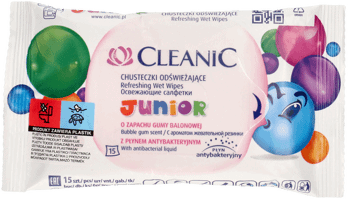 Dot Straighten Phalanx CLEANIC, Junior, chusteczki odświeżające z płynem antybakteryjnym, o  zapachu gumy balonowej, 15 szt. | Drogeria Rossmann.pl