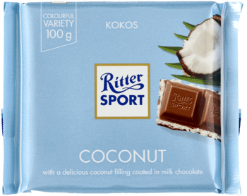 RITTER SPORT,czekolada mleczna nadziewana kremem kokosowym,przód