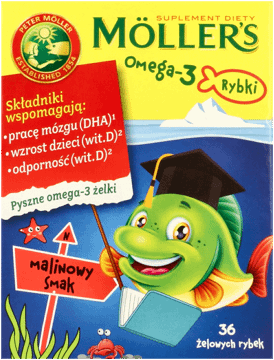 MÖLLER'S,suplement diety w postaci żelowych rybek o smaku malinowym,przód