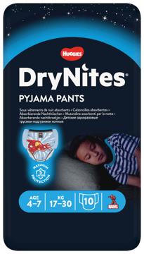 HUGGIES DRYNITES,pieluchomajtki na noc dla chłopców 4-7 lat, 17-30 kg,przód