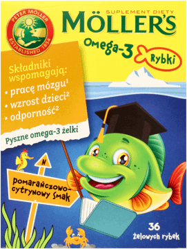 MÖLLER'S,suplement diety żelowe rybki o smaku pomarańczowo-cytrynowym,przód
