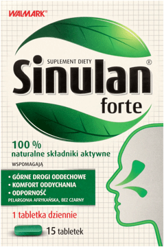 SINULAN,suplement diety w postaci tabletek wspomagających prawidłowe funkcjonowanie układu oddechowego,przód