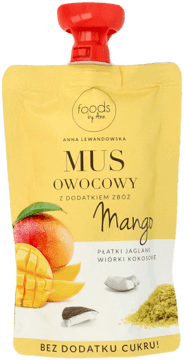 FOODS BY ANN,mus owocowy z dodatkiem zbóż, Mango,przód