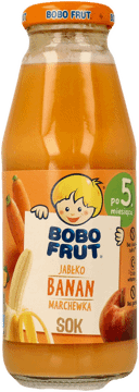 BOBO FRUT,sok owocowo-warzywny, jabłko banan, marchewka, po 5. m-cu,przód