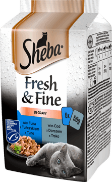 SHEBA,karma pełnoporcjowa, mokra dla dorosłych kotów z łososiem, tuńczykiem i dorszem,przód