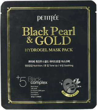 PETITFÉE,hydrożelowa nawilżająco-odżywcza maska z czarną perłą i złotem,przód