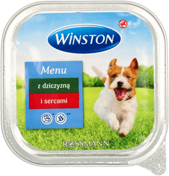 WINSTON,karma pełnoporcjowa, mokra dla dorosłych psów z dziczyzną i sercami,przód