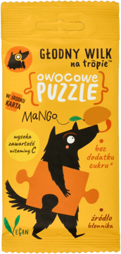 GŁODNY WILK NA TROPIE,owocowe puzzle, żelki mango,przód