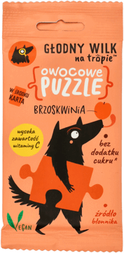 GŁODNY WILK NA TROPIE,owocowe puzzle, żelki brzoskwinia,przód