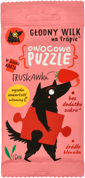 GŁODNY WILK NA TROPIE,owocowe puzzle żelki, truskawka,przód