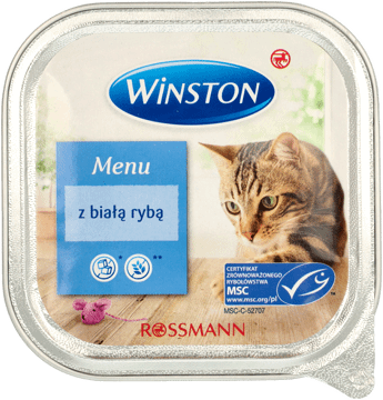 WINSTON,karma pełnoporcjowa mokra dla dorosłych kotów z białą rybą,przód