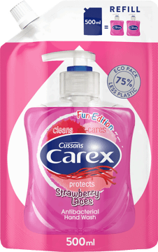 CAREX,antybakteryjne mydło w płynie o zapachu żelków truskawkowych, zapas,przód