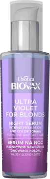 L'BIOTICA BIOVAX,serum intensywnie nawilżające i tonujące na noc do włosów blond i siwych,przód