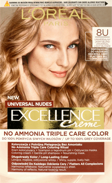 L'ORÉAL PARIS,krem koloryzujący pielęgnacyjny, bez amoniaku, nr 8U Jasny Blond,przód