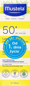MUSTELA,mleczko przeciwsłoneczne do twarzy i ciała, bardzo wysoka ochrona, SPF 50+, od 1. dnia życia,przód