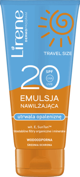 LIRENE,emulsja nawilżająca, utrwala opaleniznę, średnia ochrona, SPF 20,przód