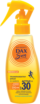 DAX SUN,spray do opalania transparentny, wysoko wodoodporny, SPF 30,przód