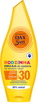 DAX SUN,rodzinna emulsja do opalania dla dorosłych i dzieci, wodoodporna, SPF 30,przód
