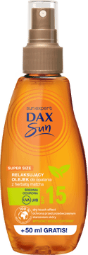 DAX SUN,relaksujący olejek do opalania z herbatą matcha, SPF 15,przód