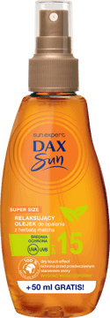 DAX SUN,olejek do opalania relaksujący z herbatą Matcha, wysoko wodoodporny, SPF 15,przód
