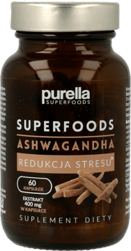PURELLA SUPERFOODS,kapsułki Ashwagandha, Redukcja Stresu, suplement diety,przód