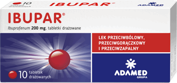 IBUPAR,tabletki drażowane 200 mg, przeciwbólowy, przeciwgorączkowy i przeciwzapalny, lek OTC,przód