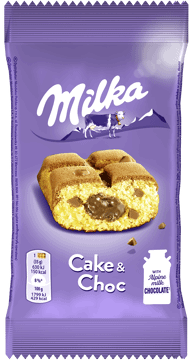 MILKA,ciastko biszkoptowe z kawałkami czekolady mlecznej i nadzieniem czekoladowym,przód