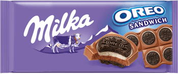 MILKA,ciastka kakaowe i nadzienie mleczne o smaku waniliowym na czekoladzie mlecznej,przód