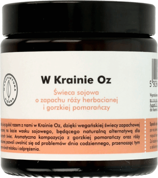 MANUFAKTURA PIĘKNA,Świeca sojowa o zapachu róży herbacianej i gorzkiej pomarańczy,przód
