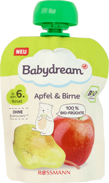 BABYDREAM,puree owocowe BIO, jabłko i gruszka od 6 miesiąca,przód